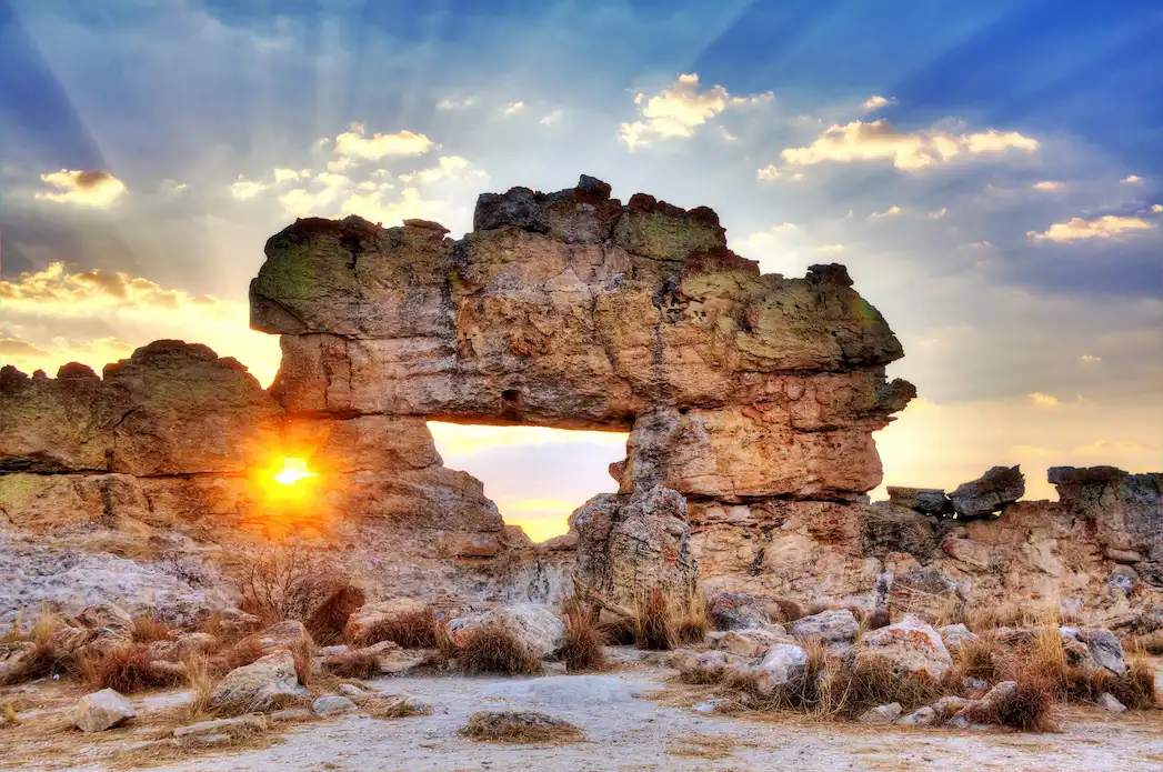 Sunset framed through Isalo's rock window