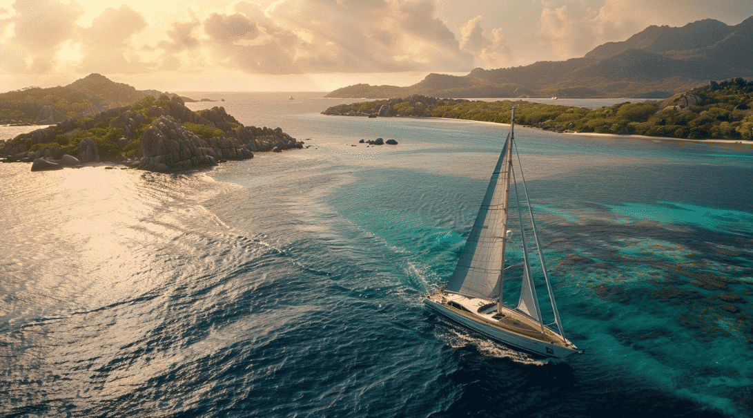 Sailing boat catching the southeast trade winds, Seychelles