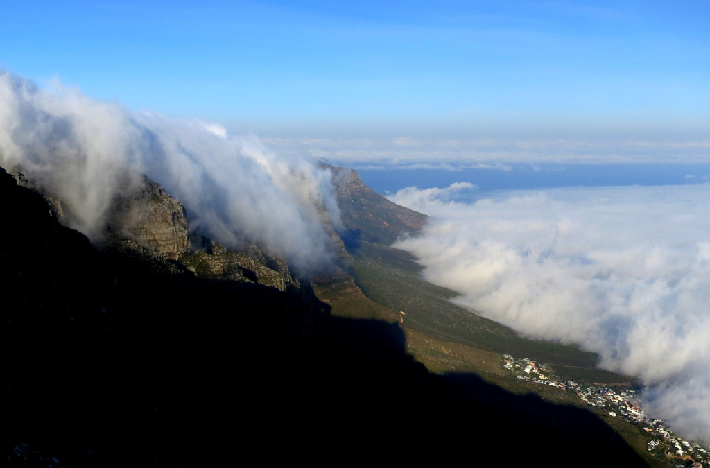 Table Mountain covered by its white tablecloth cloud above Cape Town, South Africa