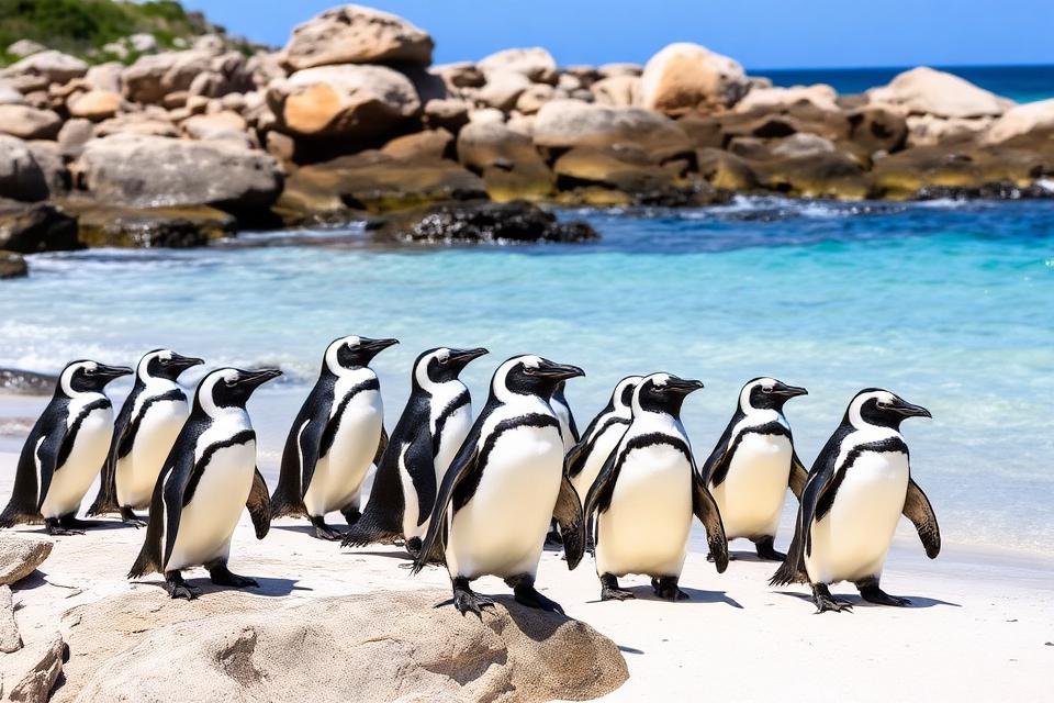 African penguins on the sand at Boulders Beach near Simon's Town, Cape Town