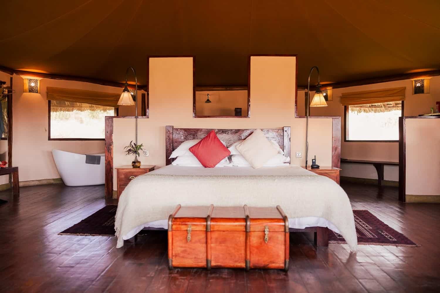 Guest deck at Tortilis Camp, a luxury tented camp in Amboseli, Kenya